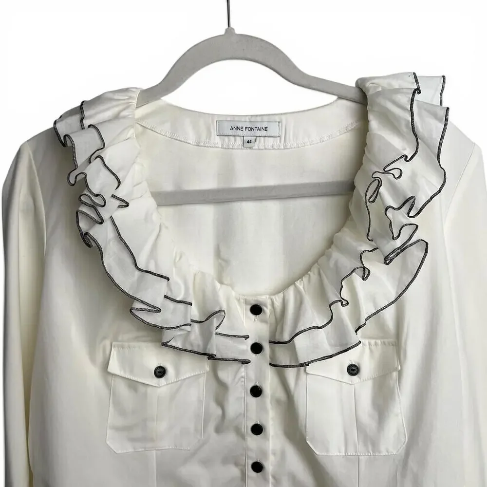 Vintage Anne Fontaine White Ruffle Collar Button-Up Blouse - Picture 2 of 7